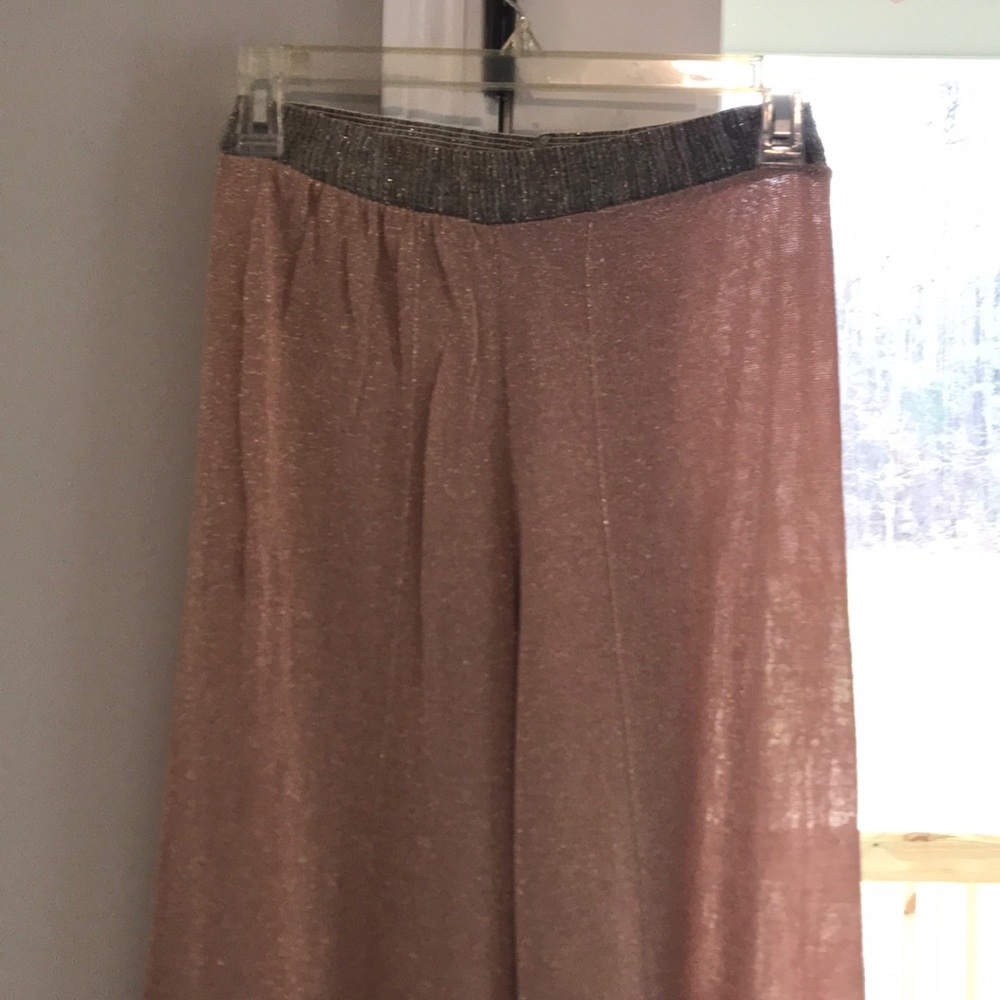 Wide Leg Sparkle Pants with Metallic Waistband - Pink